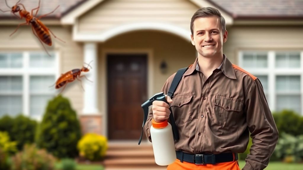 Pest exterminator with equipment near a house.