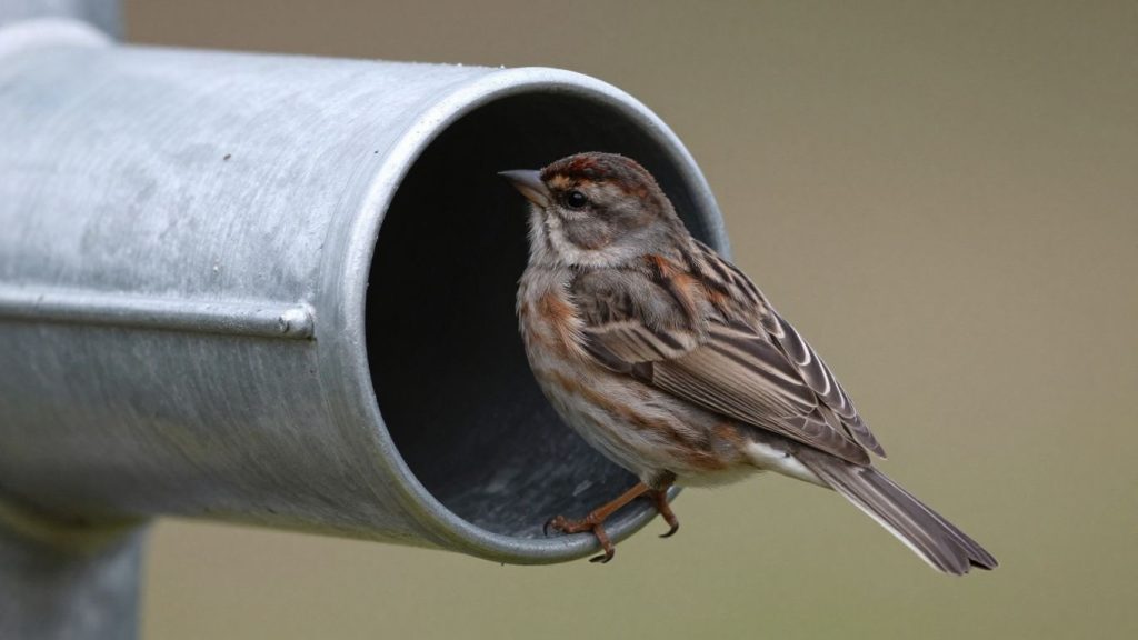 house sparrow sitting inside metal dryer vent Ottawa