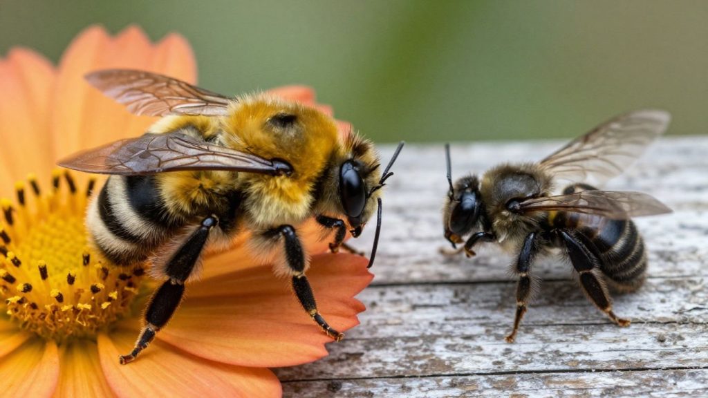 Carpenter bee and bumblebee comparison image.